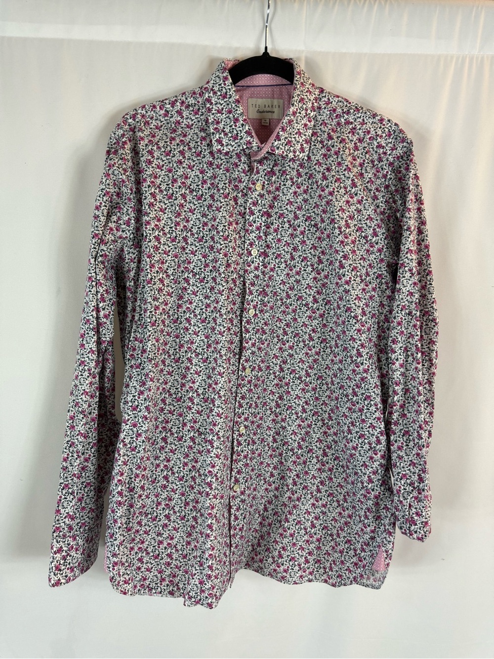 Ted Baker Men's White Button-Down Shirt with Pink Floral Print size: 16
